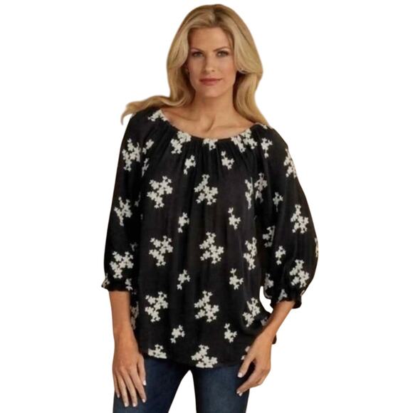 SOFT SURROUNDINGS Women's L Avignon Peasant Top Floral Embroidered Black Boho - Picture 1 of 12